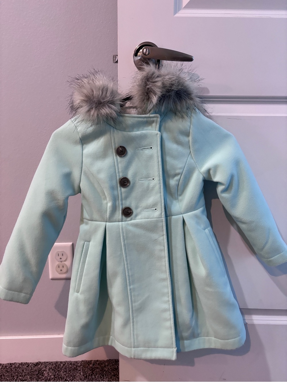 Cat & Jack Mint Green Double-Breasted Pea Coat with Faux Fur Hood